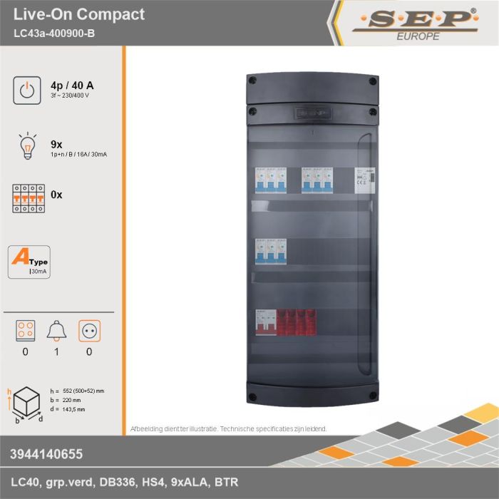 SEP Europe - Live-On Compact, LC43a-400900-B, 40A, 3-fase groepenkast, 9-lichtgroepen, 1-beltrafo, technische gegevens