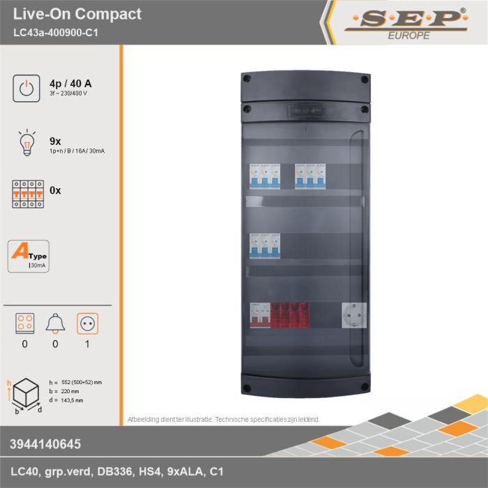 SEP Europe - Live-On Compact, LC43a-400900-C1, 40A, 3-fase groepenkast, 9-lichtgroepen,  1V-contactdoos, technische gegevens