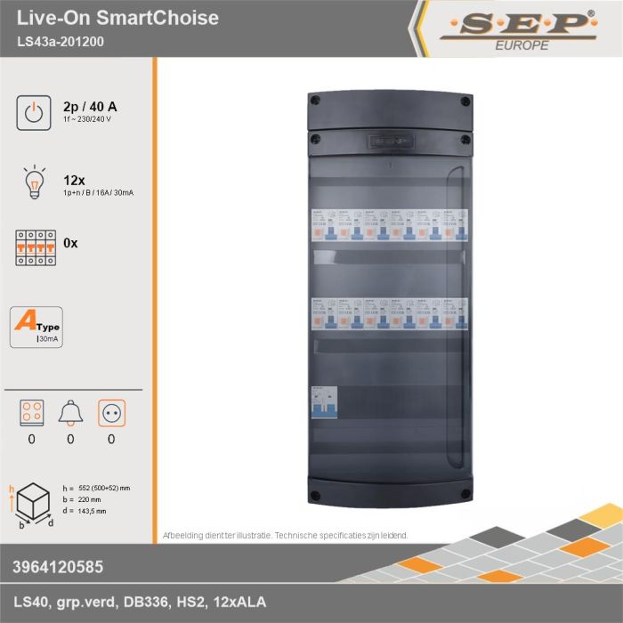 SEP Europe - Live-On SmartChoise, LS43a-201200, 40A, 1-fase groepenkast, 12-lichtgroepen, technische gegevens