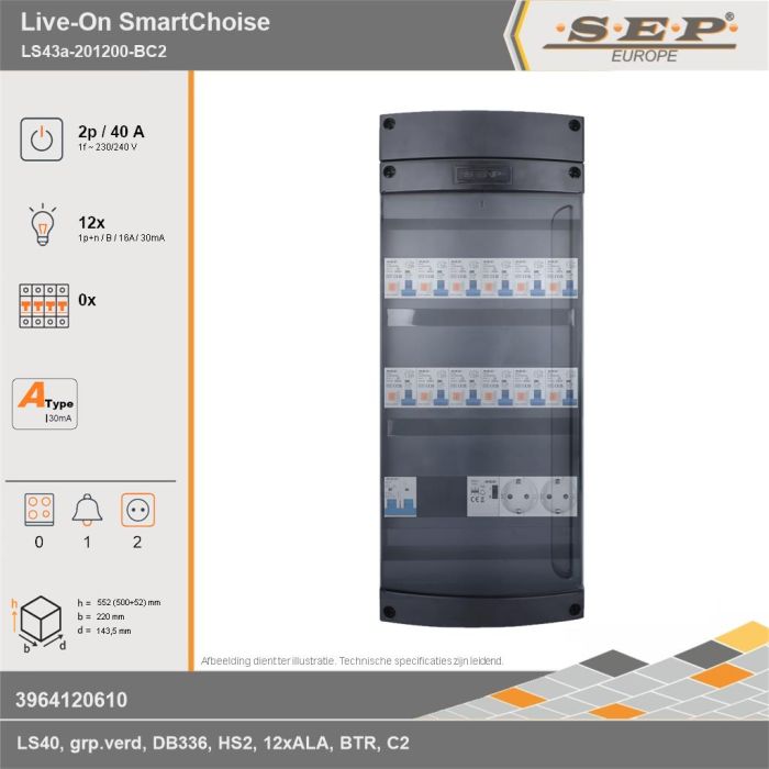 SEP Europe - Live-On SmartChoise, LS43a-201200-BC2, 40A, 1-fase groepenkast, 12-lichtgroepen, 1-beltrafo,  2V-contactdoos, technische gegevens