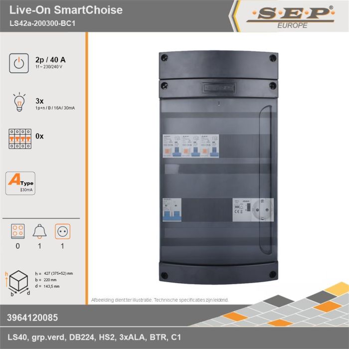 SEP Europe - Live-On SmartChoise, LS42a-200300-BC1, 40A, 1-fase groepenkast, 3-lichtgroepen, 1-beltrafo,  1V-contactdoos, technische gegevens