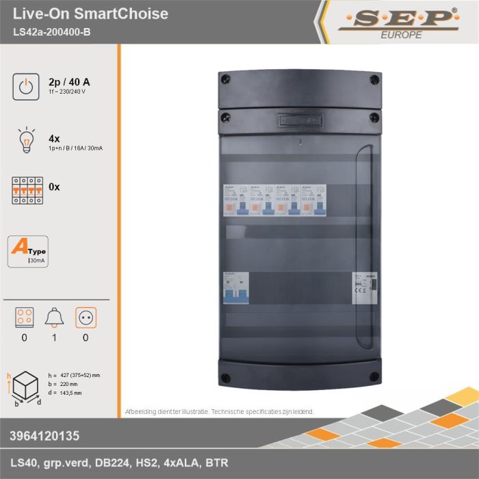 SEP Europe - Live-On SmartChoise, LS42a-200400-B, 40A, 1-fase groepenkast, 4-lichtgroepen, 1-beltrafo, technische gegevens