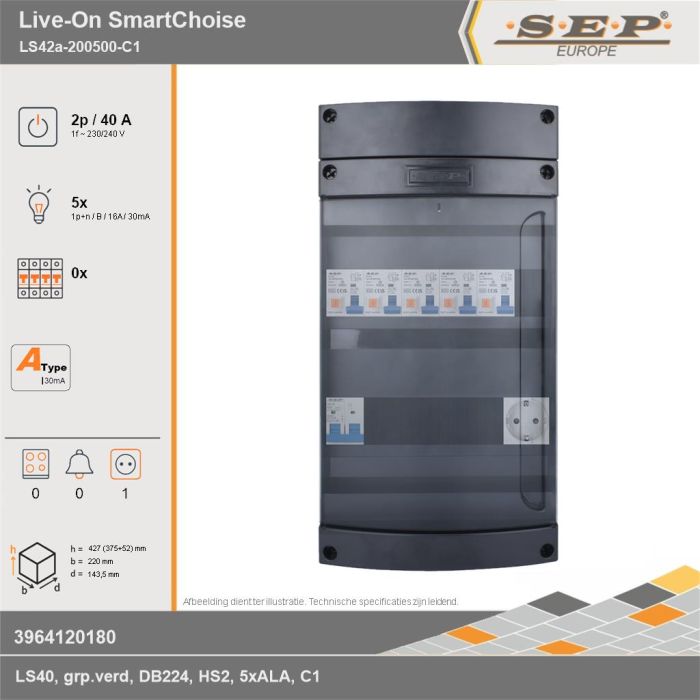 SEP Europe - Live-On SmartChoise, LS42a-200500-C1, 40A, 1-fase groepenkast, 5-lichtgroepen,  1V-contactdoos, technische gegevens