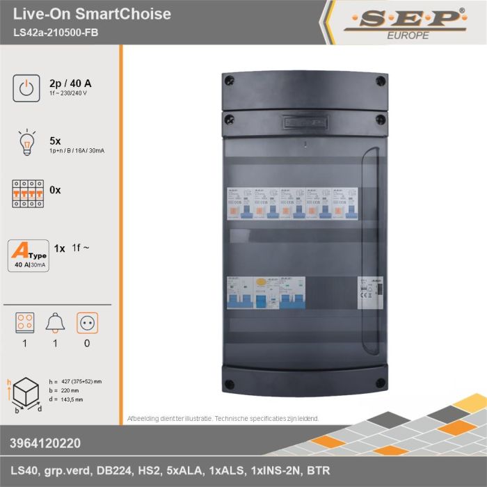 SEP Europe - Live-On SmartChoise, LS42a-210500-FB, 40A, 1-fase groepenkast, 5-lichtgroepen, 1-fornuisgroep, 1-beltrafo, technische gegevens