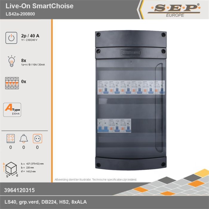SEP Europe - Live-On SmartChoise, LS42a-200800, 40A, 1-fase groepenkast, 8-lichtgroepen, technische gegevens