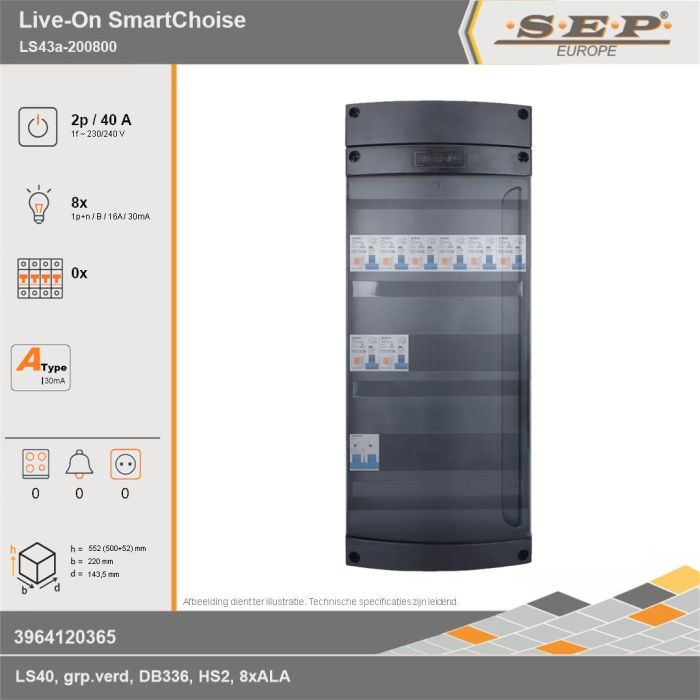 SEP Europe - Live-On SmartChoise, LS43a-200800, 40A, 1-fase groepenkast, 8-lichtgroepen, technische gegevens