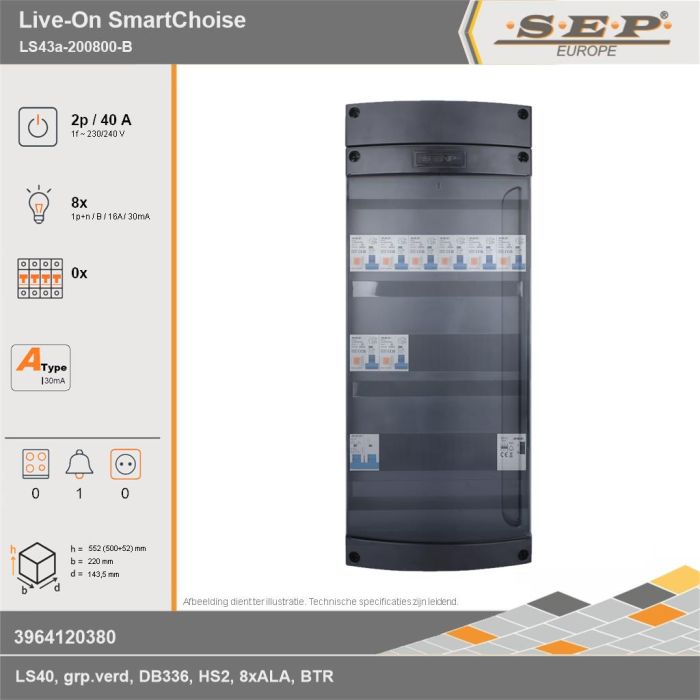 SEP Europe - Live-On SmartChoise, LS43a-200800-B, 40A, 1-fase groepenkast, 8-lichtgroepen, 1-beltrafo, technische gegevens