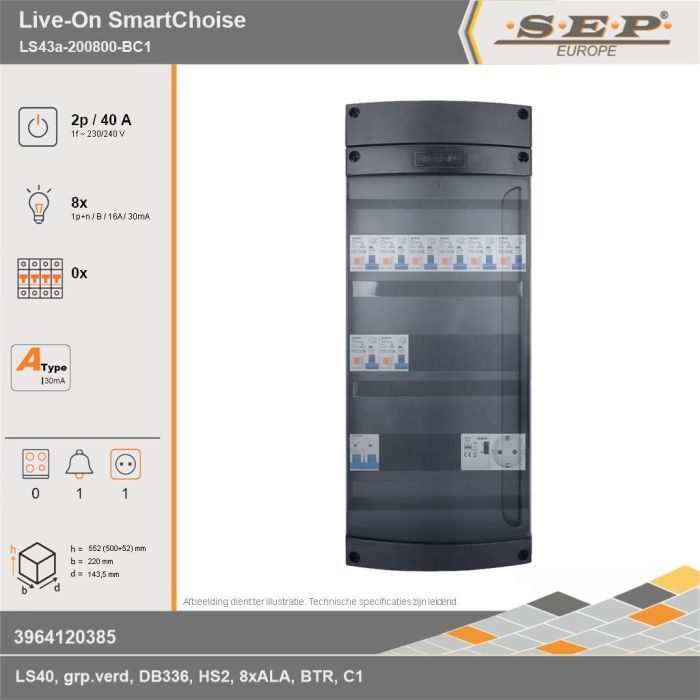 SEP Europe - Live-On SmartChoise, LS43a-200800-BC1, 40A, 1-fase groepenkast, 8-lichtgroepen, 1-beltrafo,  1V-contactdoos, technische gegevens