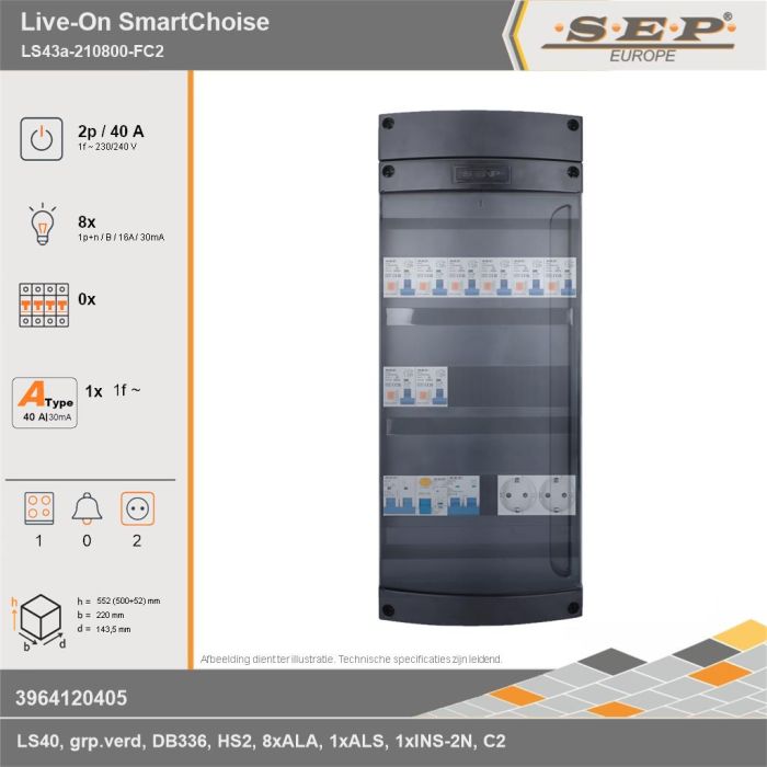 SEP Europe - Live-On SmartChoise, LS43a-210800-FC2, 40A, 1-fase groepenkast, 8-lichtgroepen, 1-fornuisgroep,  2V-contactdoos, technische gegevens