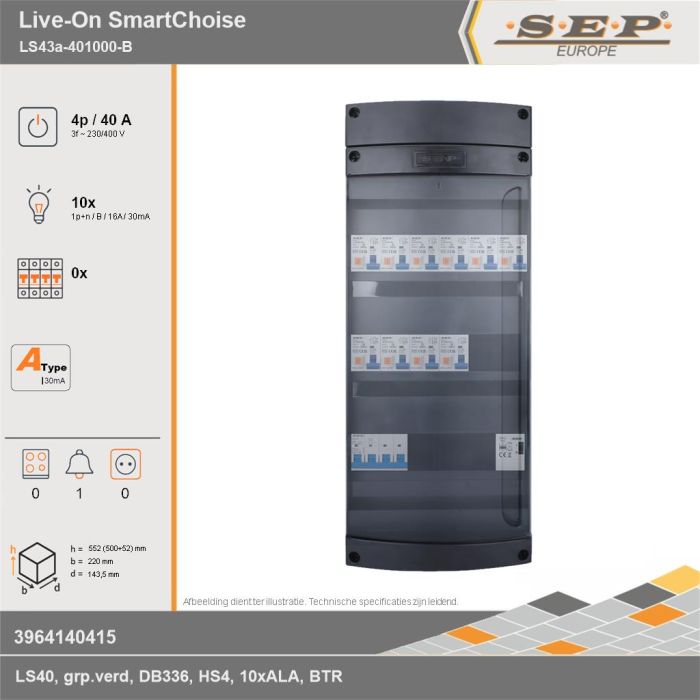 SEP Europe - Live-On SmartChoise, LS43a-401000-B, 40A, 3-fase groepenkast, 10-lichtgroepen, 1-beltrafo, technische gegevens