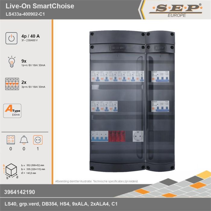 SEP Europe - Live-On SmartChoise, LS433a-400902-C1, 40A, 3-fase groepenkast, 9-lichtgroepen, 2-krachtgroepen,  1V-contactdoos, technische gegevens