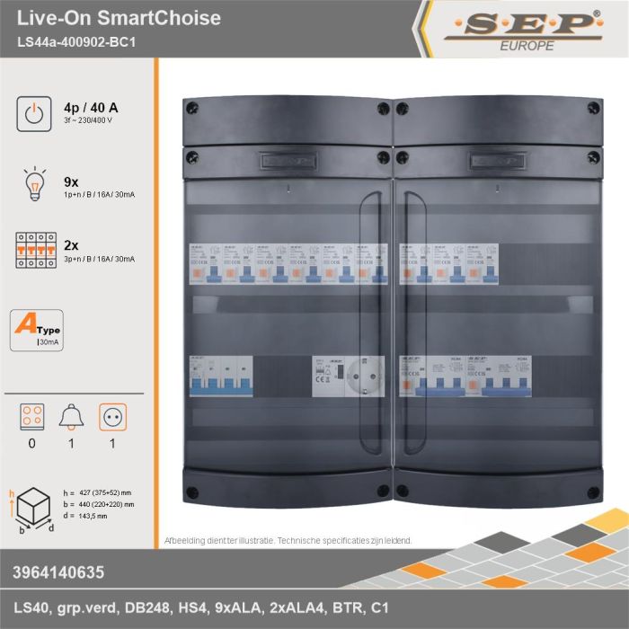 SEP Europe - Live-On SmartChoise, LS44a-400902-BC1, 40A, 3-fase groepenkast, 9-lichtgroepen, 2-krachtgroepen, 1-beltrafo,  1V-contactdoos, technische gegevens
