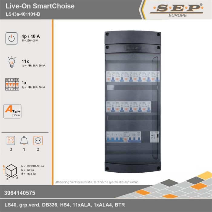 SEP Europe - Live-On SmartChoise, LS43a-401101-B, 40A, 3-fase groepenkast, 11-lichtgroepen, 1-krachtgroepen, 1-beltrafo, technische gegevens