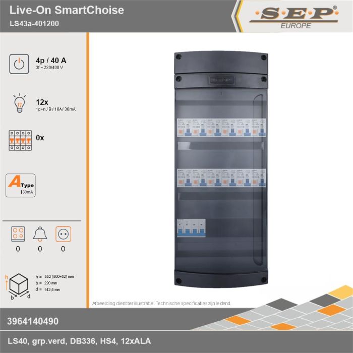 SEP Europe - Live-On SmartChoise, LS43a-401200, 40A, 3-fase groepenkast, 12-lichtgroepen, technische gegevens
