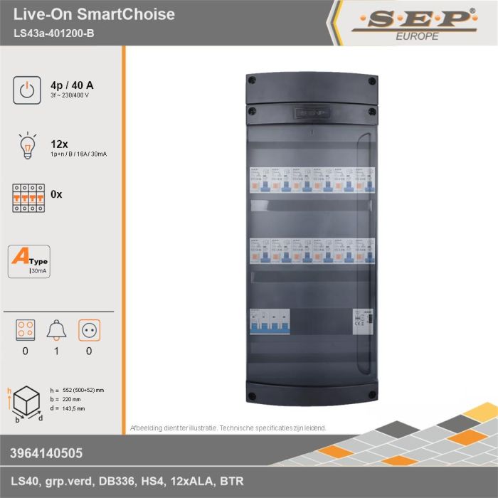 SEP Europe - Live-On SmartChoise, LS43a-401200-B, 40A, 3-fase groepenkast, 12-lichtgroepen, 1-beltrafo, technische gegevens