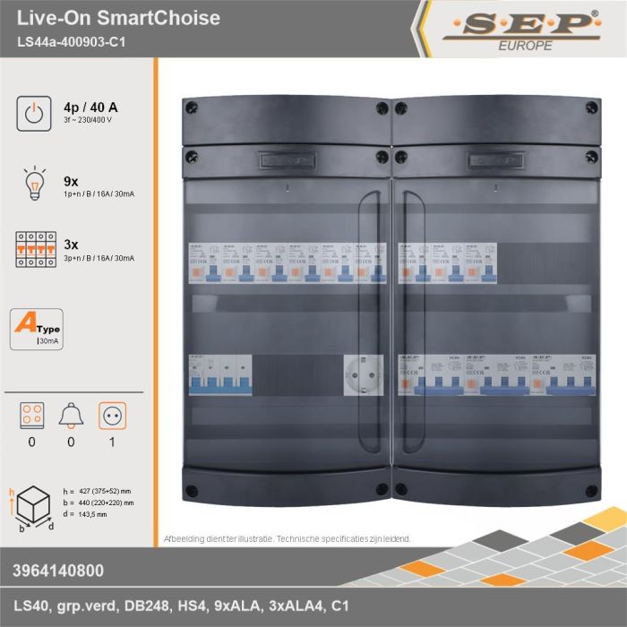 SEP Europe - Live-On SmartChoise, LS44a-400903-C1, 40A, 3-fase groepenkast, 9-lichtgroepen, 3-krachtgroepen,  1V-contactdoos, technische gegevens