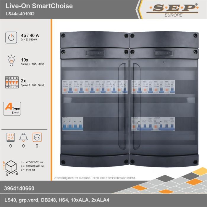 SEP Europe - Live-On SmartChoise, LS44a-401002, 40A, 3-fase groepenkast, 10-lichtgroepen, 2-krachtgroepen, technische gegevens