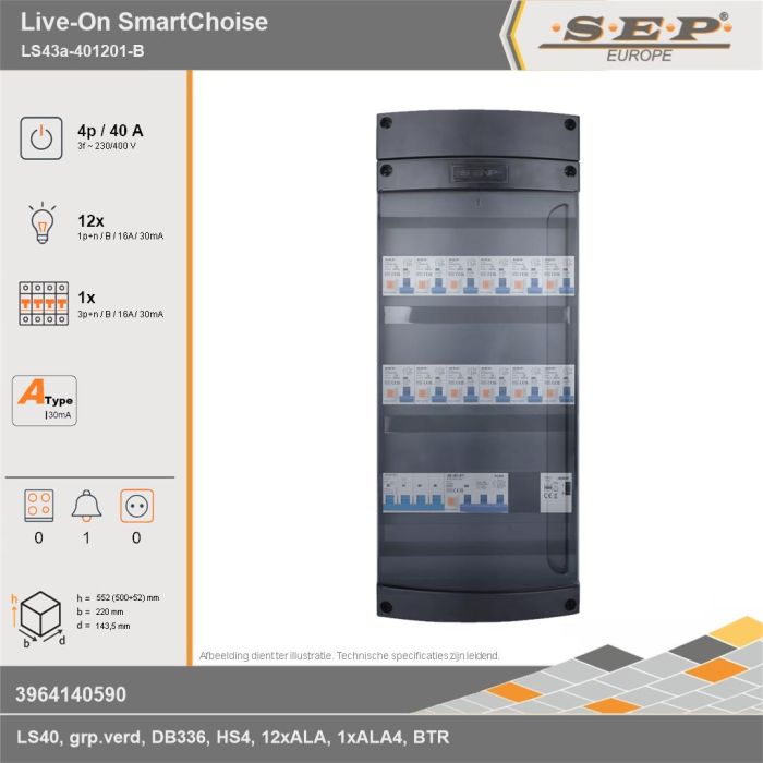 SEP Europe - Live-On SmartChoise, LS43a-401201-B, 40A, 3-fase groepenkast, 12-lichtgroepen, 1-krachtgroepen, 1-beltrafo, technische gegevens
