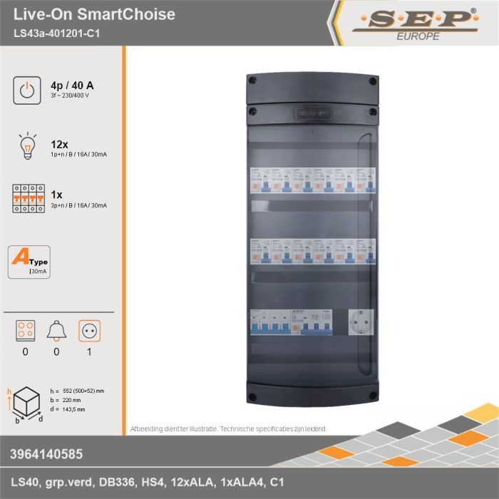 SEP Europe - Live-On SmartChoise, LS43a-401201-C1, 40A, 3-fase groepenkast, 12-lichtgroepen, 1-krachtgroepen,  1V-contactdoos, technische gegevens