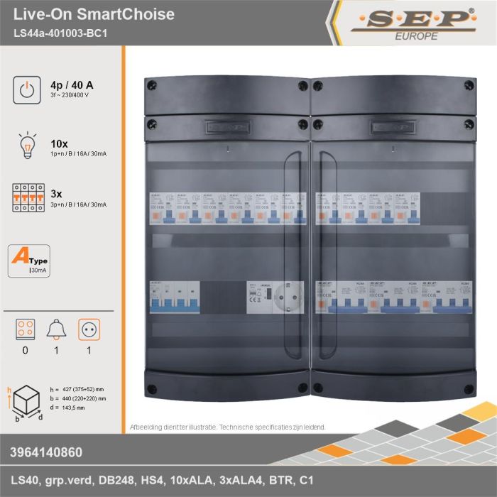 SEP Europe - Live-On SmartChoise, LS44a-401003-BC1, 40A, 3-fase groepenkast, 10-lichtgroepen, 3-krachtgroepen, 1-beltrafo,  1V-contactdoos, technische gegevens