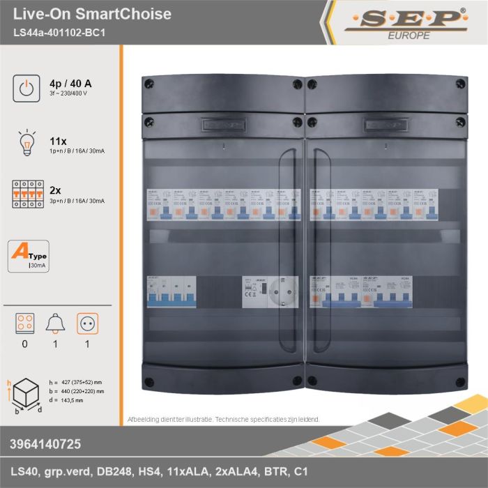 SEP Europe - Live-On SmartChoise, LS44a-401102-BC1, 40A, 3-fase groepenkast, 11-lichtgroepen, 2-krachtgroepen, 1-beltrafo,  1V-contactdoos, technische gegevens