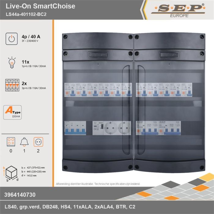 SEP Europe - Live-On SmartChoise, LS44a-401102-BC2, 40A, 3-fase groepenkast, 11-lichtgroepen, 2-krachtgroepen, 1-beltrafo,  2V-contactdoos, technische gegevens