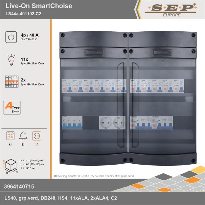 SEP Europe - Live-On SmartChoise, LS44a-401102-C2, 40A, 3-fase groepenkast, 11-lichtgroepen, 2-krachtgroepen,  2V-contactdoos, technische gegevens