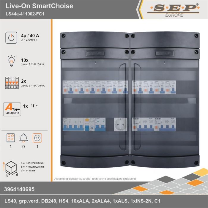 SEP Europe - Live-On SmartChoise, LS44a-411002-FC1, 40A, 3-fase groepenkast, 10-lichtgroepen, 2-krachtgroepen, 1-fornuisgroep,  1V-contactdoos, technische gegevens
