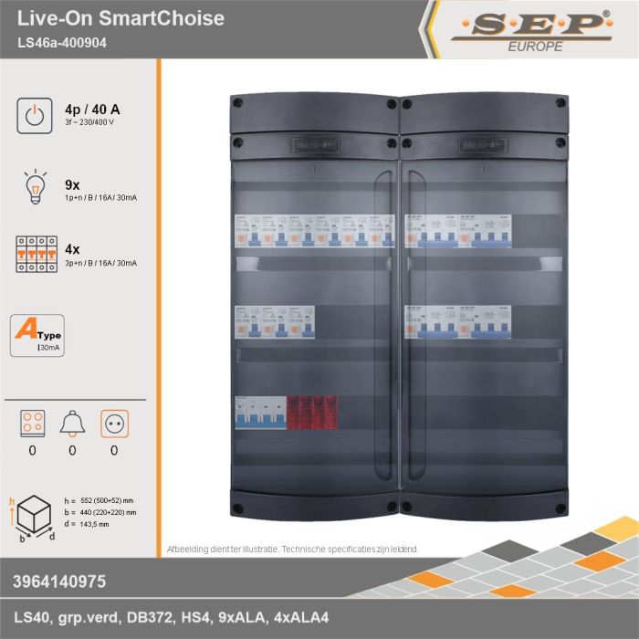 SEP Europe - Live-On SmartChoise, LS46a-400904, 40A, 3-fase groepenkast, 9-lichtgroepen, 4-krachtgroepen, technische gegevens