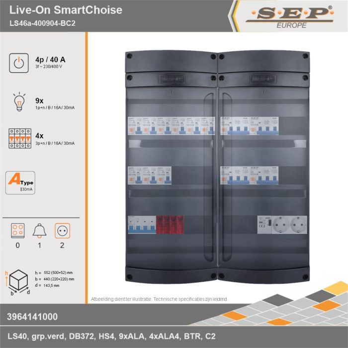 SEP Europe - Live-On SmartChoise, LS46a-400904-BC2, 40A, 3-fase groepenkast, 9-lichtgroepen, 4-krachtgroepen, 1-beltrafo,  2V-contactdoos, technische gegevens