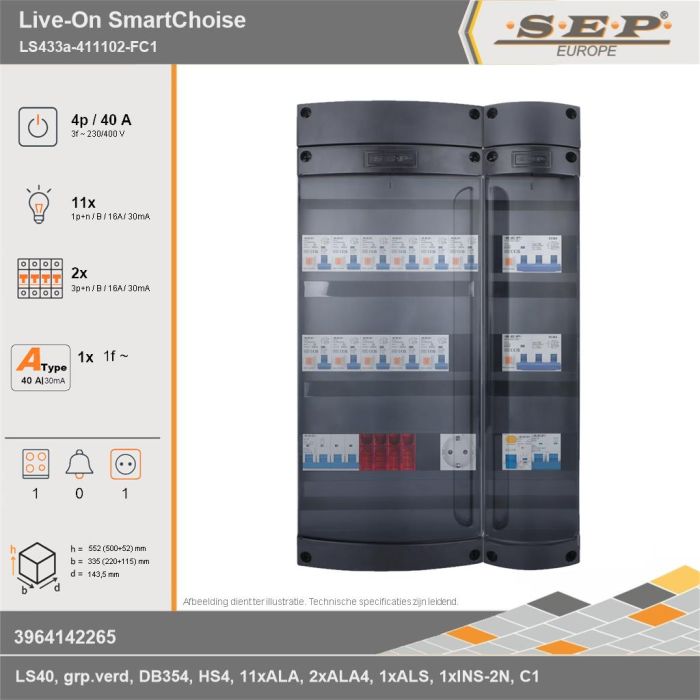 SEP Europe - Live-On SmartChoise, LS433a-411102-FC1, 40A, 3-fase groepenkast, 11-lichtgroepen, 2-krachtgroepen, 1-fornuisgroep,  1V-contactdoos, technische gegevens