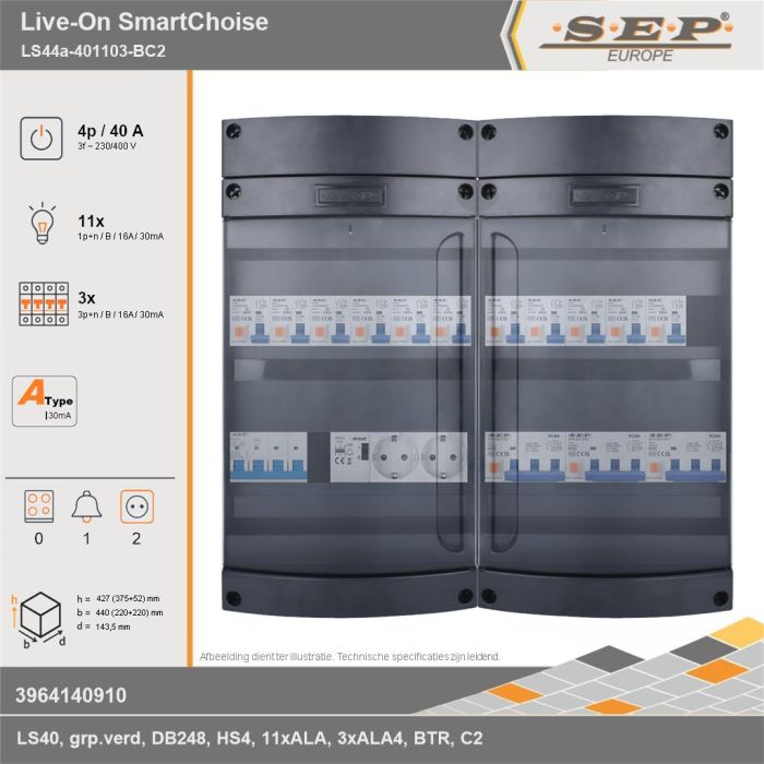 SEP Europe - Live-On SmartChoise, LS44a-401103-BC2, 40A, 3-fase groepenkast, 11-lichtgroepen, 3-krachtgroepen, 1-beltrafo,  2V-contactdoos, technische gegevens