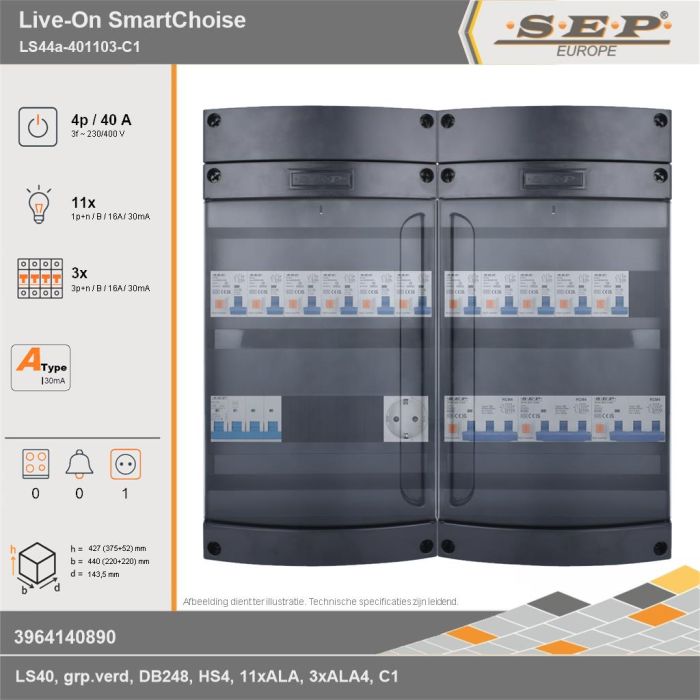 SEP Europe - Live-On SmartChoise, LS44a-401103-C1, 40A, 3-fase groepenkast, 11-lichtgroepen, 3-krachtgroepen,  1V-contactdoos, technische gegevens