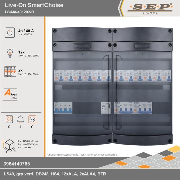 SEP Europe - Live-On SmartChoise, LS44a-401202-B, 40A, 3-fase groepenkast, 12-lichtgroepen, 2-krachtgroepen, 1-beltrafo, technische gegevens