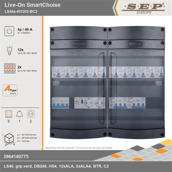 SEP Europe - Live-On SmartChoise, LS44a-401202-BC2, 40A, 3-fase groepenkast, 12-lichtgroepen, 2-krachtgroepen, 1-beltrafo,  2V-contactdoos, technische gegevens