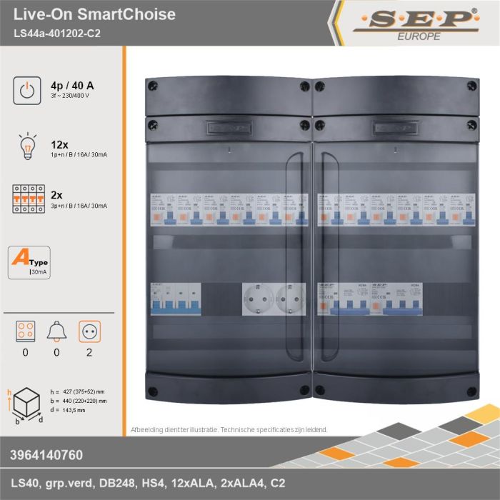 SEP Europe - Live-On SmartChoise, LS44a-401202-C2, 40A, 3-fase groepenkast, 12-lichtgroepen, 2-krachtgroepen,  2V-contactdoos, technische gegevens