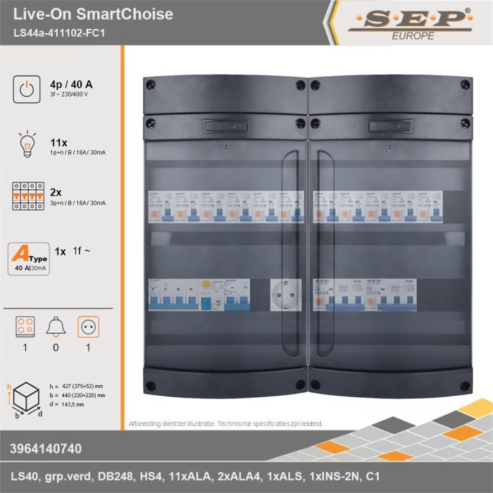 SEP Europe - Live-On SmartChoise, LS44a-411102-FC1, 40A, 3-fase groepenkast, 11-lichtgroepen, 2-krachtgroepen, 1-fornuisgroep,  1V-contactdoos, technische gegevens