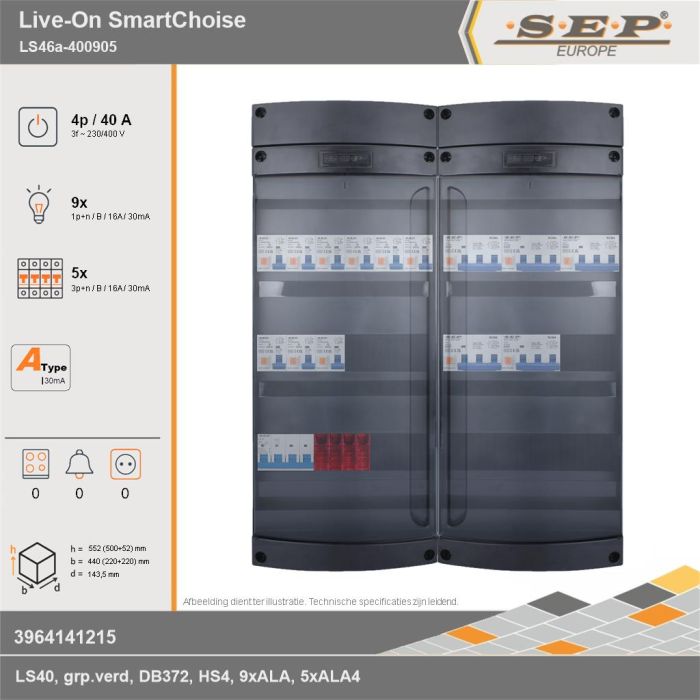 SEP Europe - Live-On SmartChoise, LS46a-400905, 40A, 3-fase groepenkast, 9-lichtgroepen, 5-krachtgroepen, technische gegevens