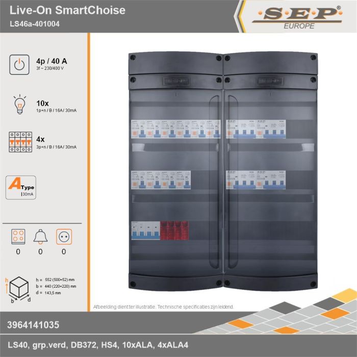 SEP Europe - Live-On SmartChoise, LS46a-401004, 40A, 3-fase groepenkast, 10-lichtgroepen, 4-krachtgroepen, technische gegevens