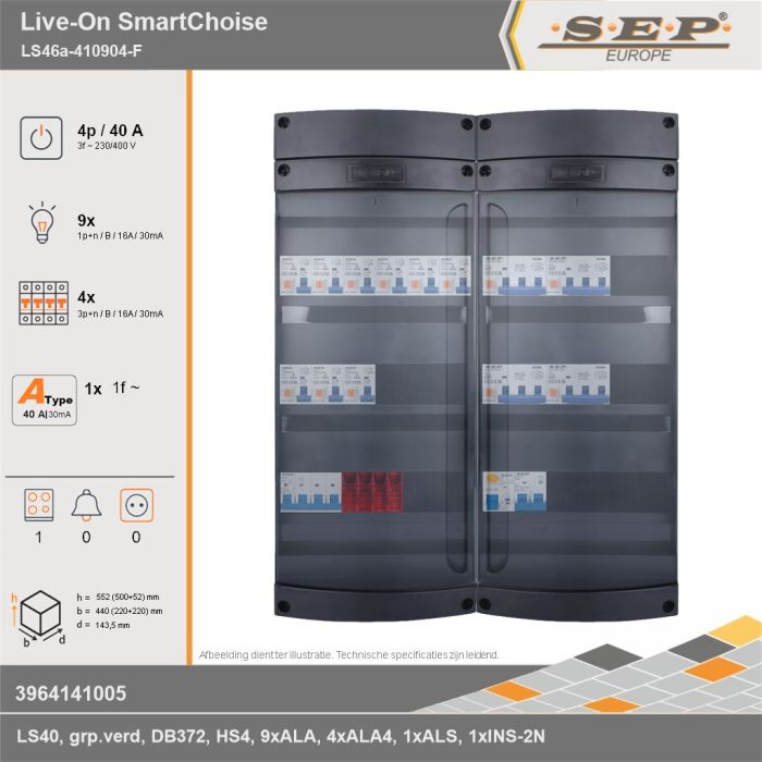 SEP Europe - Live-On SmartChoise, LS46a-410904-F, 40A, 3-fase groepenkast, 9-lichtgroepen, 4-krachtgroepen, 1-fornuisgroep, technische gegevens