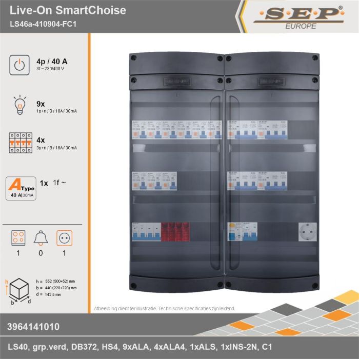 SEP Europe - Live-On SmartChoise, LS46a-410904-FC1, 40A, 3-fase groepenkast, 9-lichtgroepen, 4-krachtgroepen, 1-fornuisgroep,  1V-contactdoos, technische gegevens