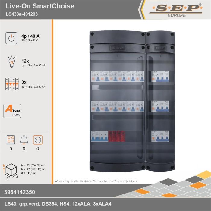 SEP Europe - Live-On SmartChoise, LS433a-401203, 40A, 3-fase groepenkast, 12-lichtgroepen, 3-krachtgroepen, technische gegevens