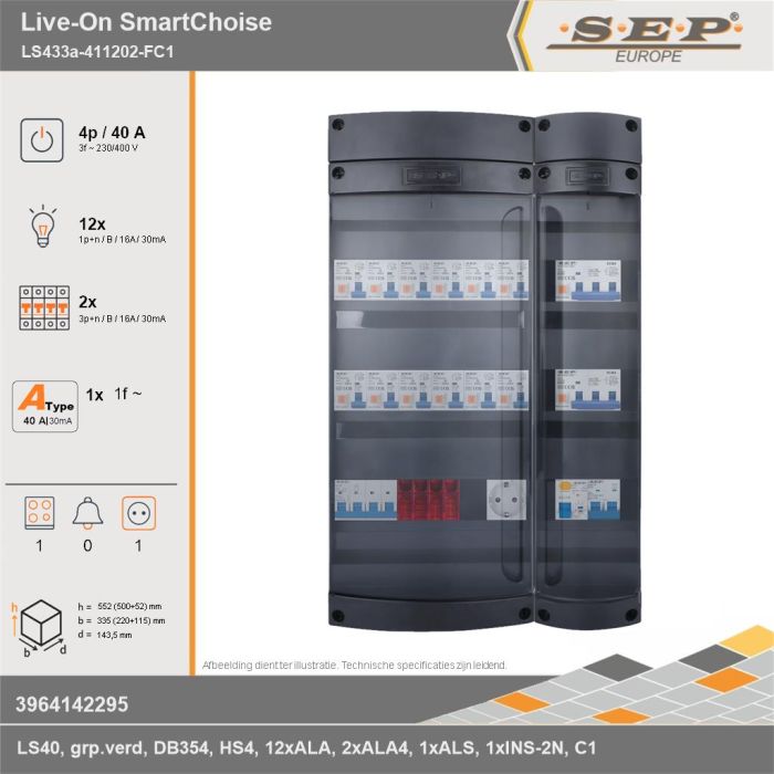 SEP Europe - Live-On SmartChoise, LS433a-411202-FC1, 40A, 3-fase groepenkast, 12-lichtgroepen, 2-krachtgroepen, 1-fornuisgroep,  1V-contactdoos, technische gegevens