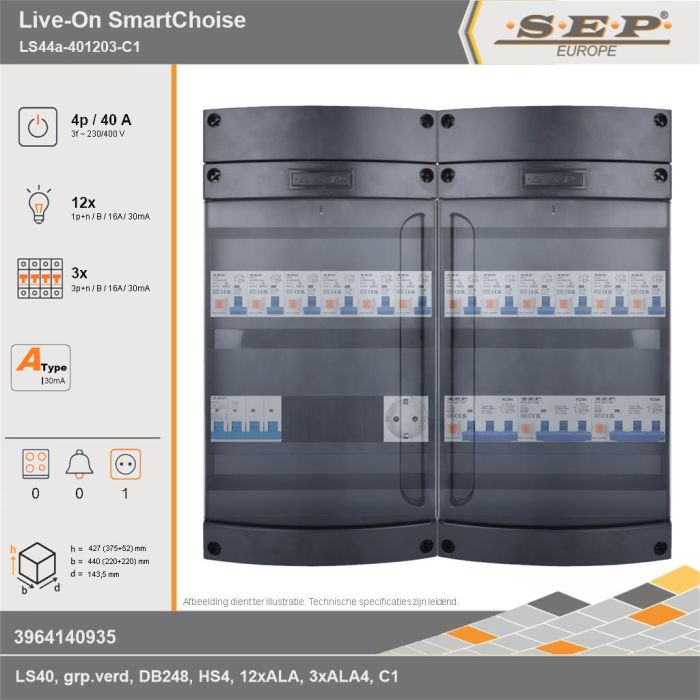 SEP Europe - Live-On SmartChoise, LS44a-401203-C1, 40A, 3-fase groepenkast, 12-lichtgroepen, 3-krachtgroepen,  1V-contactdoos, technische gegevens