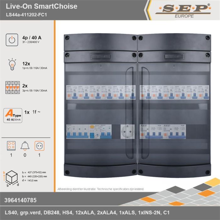 SEP Europe - Live-On SmartChoise, LS44a-411202-FC1, 40A, 3-fase groepenkast, 12-lichtgroepen, 2-krachtgroepen, 1-fornuisgroep,  1V-contactdoos, technische gegevens