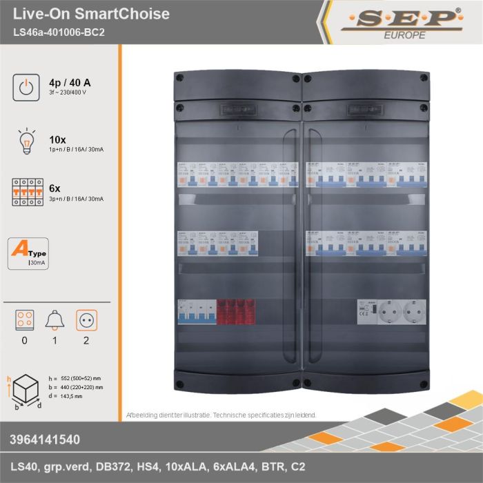 SEP Europe - Live-On SmartChoise, LS46a-401006-BC2, 40A, 3-fase groepenkast, 10-lichtgroepen, 6-krachtgroepen, 1-beltrafo,  2V-contactdoos, technische gegevens