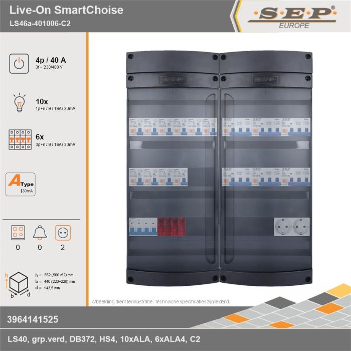 SEP Europe - Live-On SmartChoise, LS46a-401006-C2, 40A, 3-fase groepenkast, 10-lichtgroepen, 6-krachtgroepen,  2V-contactdoos, technische gegevens