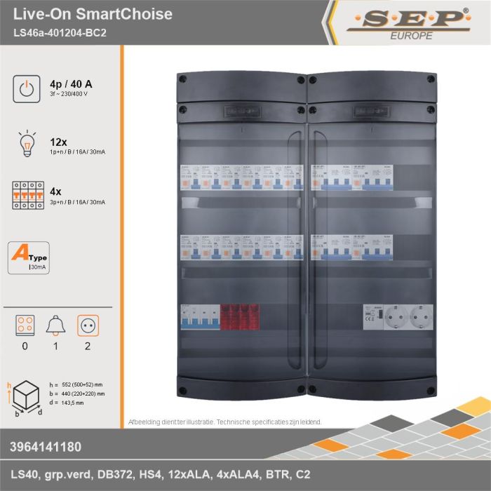 SEP Europe - Live-On SmartChoise, LS46a-401204-BC2, 40A, 3-fase groepenkast, 12-lichtgroepen, 4-krachtgroepen, 1-beltrafo,  2V-contactdoos, technische gegevens