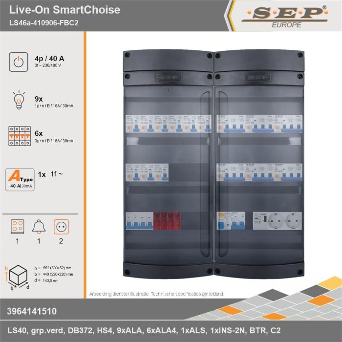 SEP Europe - Live-On SmartChoise, LS46a-410906-FBC2, 40A, 3-fase groepenkast, 9-lichtgroepen, 6-krachtgroepen, 1-fornuisgroep, 1-beltrafo,  2V-contactdoos, technische gegevens
