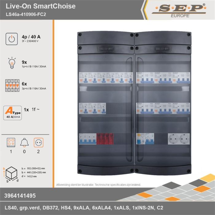 SEP Europe - Live-On SmartChoise, LS46a-410906-FC2, 40A, 3-fase groepenkast, 9-lichtgroepen, 6-krachtgroepen, 1-fornuisgroep,  2V-contactdoos, technische gegevens